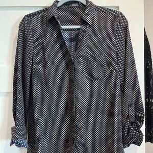 The Limited Navy Polka Dot Button-Front Blouse | Roll-Tab Sleeves | Size S